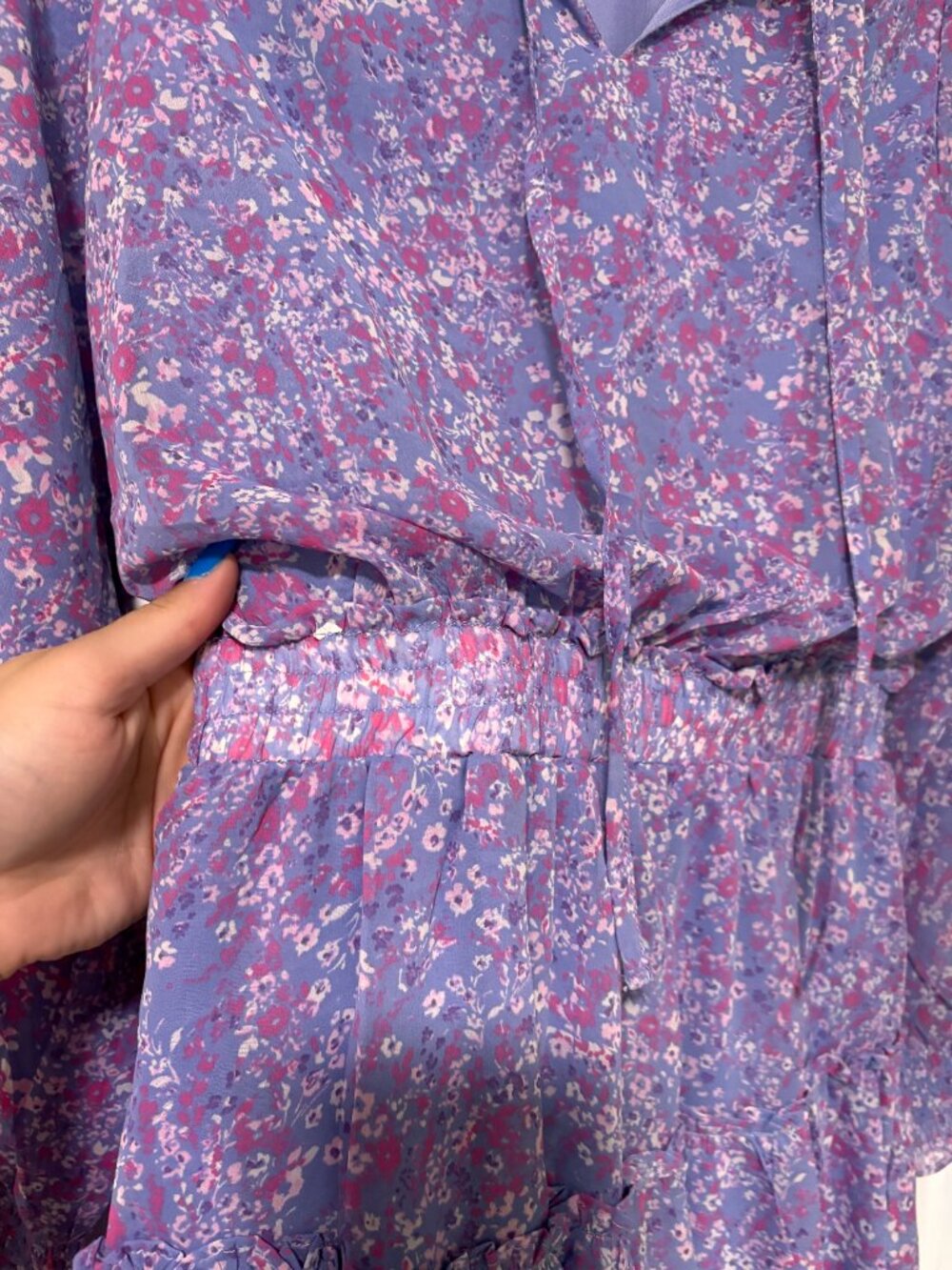 Floral Long Sleeve Ruffle Mini Dress | Lavender Bohemian Dress (Large) - Picture 3 of 10